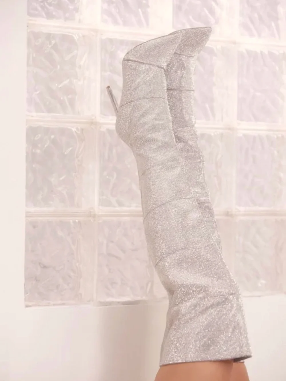 Steve Madden Silver Glitter Over-the-Knee Stiletto Boots